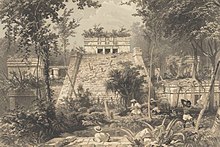 1844 coloured lithograph showing Mayan temple named Tulum in background surrounded by jungle; three workers in lower left quadrant clearing the area; one person in bottom half observing the temple