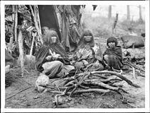 Two Havasupai Indian women basket makers, ca. 1900. The women and a child sit on the ground in front of a house made of branches. They wear long dresses with shawls over their shoulders. They sit among firewood. A child peers out of the entry of the dwelling. A "kathak", a large conical basket, lies on the ground at right.