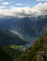 View over the Aurlandsfjord with Flåm innermost in the fiord