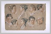 Studies of Women's Heads and a Man's Head; by Antoine Watteau; first half of the 18th century; sanguine, black chalk and white chalk on gray paper; 28 × 38.1 cm