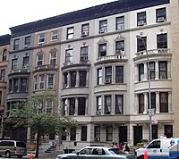 Row houses at 13-42 West 96th Street were built in 1897 and designed by George F. Pelham in the Renaissance Revival style