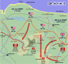 A diagram of the Caumont Gap and the advances made by the Anglo-American forces, as described in the text