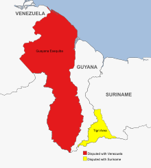 Disputed areas of Guyana with Venezuela (red) and Suriname (yellow)