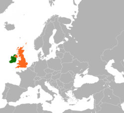 Map indicating locations of Ireland and United Kingdom