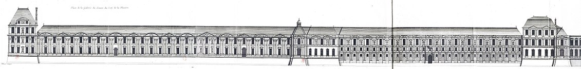 From left to right: the Pavillon de Flore, the western section designed by Jacques II Androuet du Cerceau, the Pavillon de la Lanterne, the eastern section designed by Louis Métezeau with two 5-bay pavilions at either end, and the south end of the Petite Galerie. (From a single print from the Grand Marot, published in 1686. The print shows the wing as modified by Louis Le Vau after 1661.)