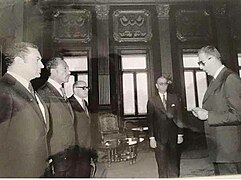 Maher Abaza taking oath with President Anwar Sadat and VP Hosni Mubarak at Abdeen Palace