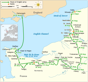 A map of south-east England and north-east France showing the route of the English army