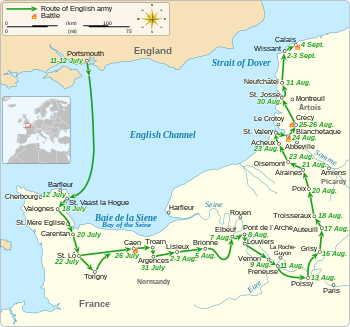 A map of south east England and north east France showing a route from Portsmouth, across the channel to Brittany, before moving along and up the coast to Calais