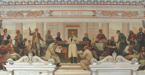18th and 19th Century Medicine by Veloso Salgado in 1906, Pasteur at the center and Roux kneeling in front with the rabbit