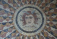 Central motive of the "Medusa" mosaic, 2nd century BC, from Kos island, in the palace of the Grand Master of the Knights of Rhodes, in Rhodes city, island of Rhodes, Greece.
