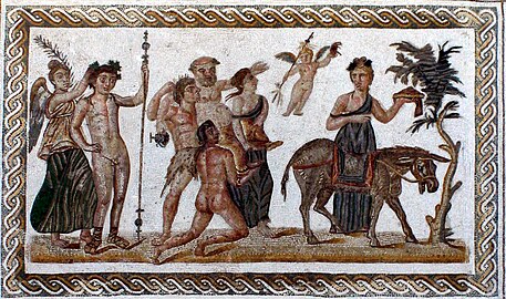Silenus carried toward his donkey (mosaic from Roman Africa, present-day Tunisia)