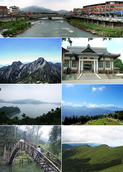 Top：Shuili Water Creek in Shuili Township, 2nd left:Mount Yu, 2nd right:Nantou County Museum of History in Nantou City, 3rd left:View of Sun Moon Lake, from Xuanzang Temple in Yuchi Township, 3rd right:Evergreen Glassland in Renci Township, Bottom left:Tou George Pond in Taiwan Educational University of Nature, Bottom right:Mount Hehuan