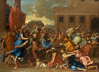 The Rape of the Sabine Women; by Nicolas Poussin; 1634–1635; oil on canvas; 1.55 × 2.1 m; Metropolitan Museum of Art, New York City[108]