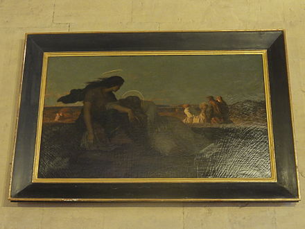 Dargent's depiction of Christ being carried to his tomb ("Le Christ porté au sépulcre"). This painting is located in Jouy-le-Comte's église Saint-Denis].[20]