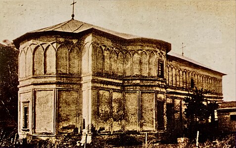 Saint John the Great Monastery, where is now the CEC Palace, Bucharest, built initially before 1591, highly modified in 1703 during the reign of Constantin Brâncoveanu, demolished in 1875. Ornaments from the construction of 1703 are preserved in the lapidary of the Stavropoleos Monastery[59]