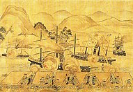 Japanese cannons shooting on Foreign shipping at Shimonoseki in 1863