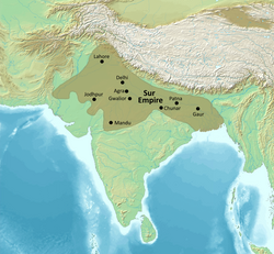 Map of the Sur Empire at its greatest extent under Sher Shah Suri (1538/1540–1545)[1]