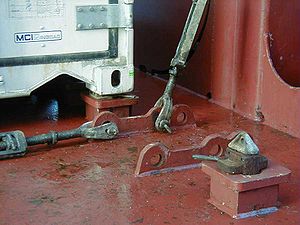 Twistlocks on deck of container ship. Foreground: unlocked; background: locked. The turnbuckles are "lashing rods" used for shoring