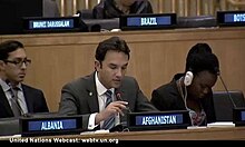 Wahidullah Waissi is delivering his statement on behalf of Afghan Government at the side of United Nations General Assembly in 2013 at a special event on efforts made towards achieving MDGs.