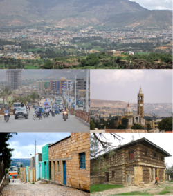 Clockwise from top: Adigrat panoramic view, Cathedral of the Holy Savior, Debre Damo Monastery, typical street, downtown.