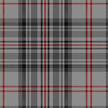A tartan that is predominantly two-tone grey with thin black and red stripes