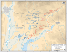 Map with blue lines showing the French advance against the Allied center, symbolized with red lines.