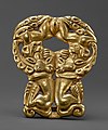 Belt buckle with paired felines attacking ibexes, derived from earlier Scythian art. Ordos, 3rd century BC. Usually described as Xiongnu despite early date.[58][59][60]