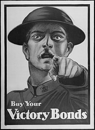 World War I Canadian bond sale poster, c. 1917-1918, derivative of Flagg's Uncle Sam poster, itself derivative of Lord Kitchener[55]
