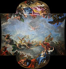 Section of the ceiling of the Hall of Mirrors in Versailles, representing capture of fortress of Ghent by Louis XIV, by Charles Le Brun (1678)