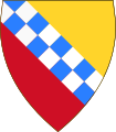 Variant of the coat of arms of the House of Hauteville reproduced inside the Complex of the Holy Trinity of Venosa: this version features a shield trimmed in gold and gules, with the bend chequy in silver and azure