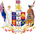 Zealandia on the left side of the coat of arms of New Zealand used from 1911 to 1956.