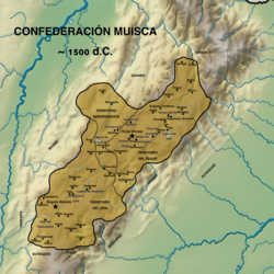 Location of the Muisca Confederation circa 1500; Zipa, Zaque, and Independent territory labelled