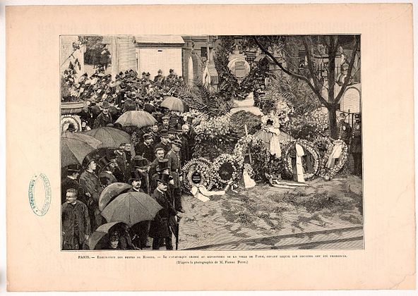 Exhumation of the remains from Gioachino Rossini. Wood-engraving based on one of his photographs (1887)