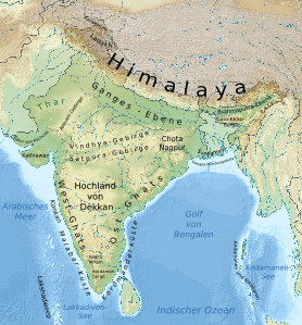 Lage der Westghats auf der Karte des indischen Subkontinents.