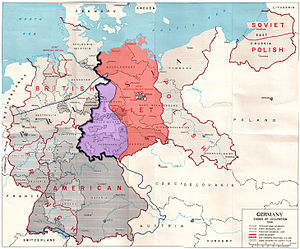 Map showing the Allied zones of occupation in post-war Germany and the line of U.S. forward positions on V-E Day. The south-western part of the Soviet occupation zone, close to a third of its area, was west of the U.S. forward positions on V-E day.