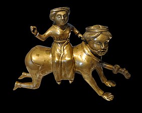 Aquamanile in the form of Phyllis and Aristotle, prob. Maasland, 1400–1450, brass