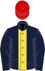 Dark blue, yellow stripe, red cap