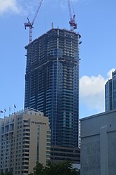 Panorama Tower under construction in October 2016 at about 60 floors. The building will be significantly larger than other skyscrapers in Florida. The design variation at about 50 floors is the 48th floor amenity deck.
