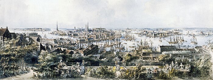 Detail of view of Stockholm from Mosebacke in Södermalm. This image was a watercoloured etching in the collection Utsigter över Stockholm (Prospects of Stockholm, 1797). An aquatint variant was published as the first sheet in the series Svenska vyer of 1805.