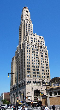 The Williamsburgh Savings Bank Tower as seen from Fourth Avenue on a sunny day in 2010