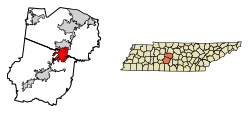 Location of Spring Hill in Williamson and Maury County, Tennessee (left) and of both counties in Tennessee (right)