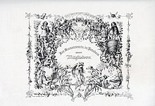 Mitgliederkarte des Potsdamer Kunstvereins, Federzeichnung auf Stein von Adolph Menzel aus dem Jahr 1836 mit allegorischer Darstellung des Nutzens künstlerischer Arbeit im Dienst der Wohltätigkeit, von Menzel selbst als Actie bezeichnet