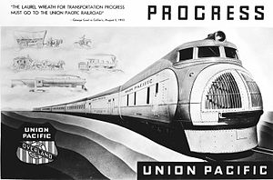 A black and white photo of Union Pacific M-10000 power car