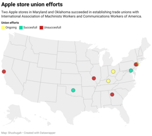 Map of union election efforts at 10 different Apple stores in the United States.