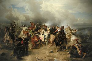 Battle of Lutzen by Carl Whalbom depicting King Gustavus Aolphus falling from a horse mortally wounded in a melee