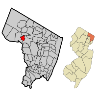 Location of Midland Park in Bergen County highlighted in red (left). Inset map: Location of Bergen County in New Jersey highlighted in orange (right).