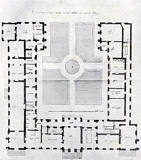 Plan of the ground floor of the Château de Chanteloup (north at the bottom) with the colonnades added by Louis-Denis Le Camus to the cour d'honneur[34]