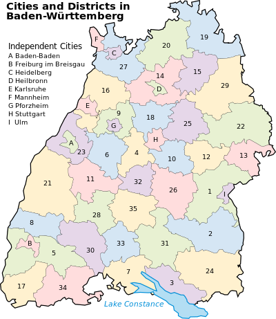 Map of Baden-Württemberg and its administrative divisions (Landkreise and Stadtkreise)