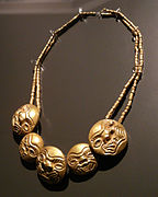 Gold Moche necklace with feline faces, Larco Museum, Lima