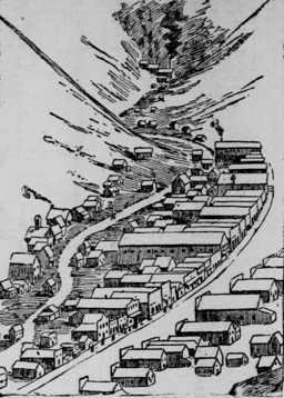 illustration showing the town of Wardner, Bunker Hill, and the Sullivan mines
